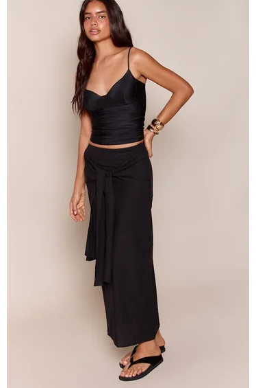 Black Cotton Linen Blend Wrap Detail Maxi Skirt