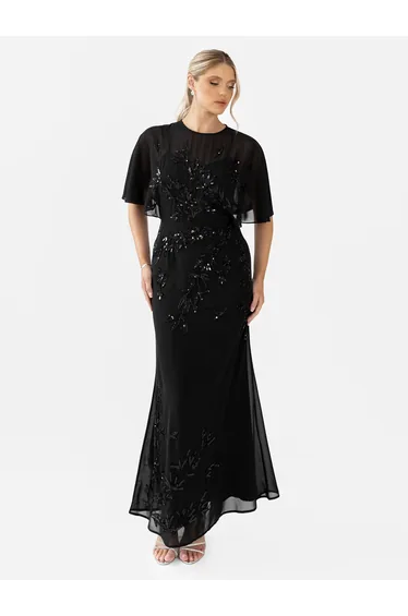 Maya Black Floral Embellished Angel Sleeve Maxi Dress