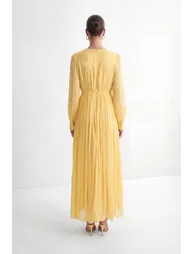 Exceptionally Pristine Yellow Beaded Embroidered V-Neck Maxi Dress - 4