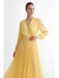 Exceptionally Pristine Yellow Beaded Embroidered V-Neck Maxi Dress - 6