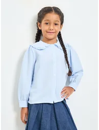 Girls Light Blue Peter Pan Collar Long Sleeve Shirt