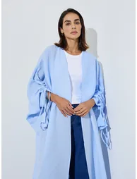 Blue Front Open Ruched Sleeve Abaya - 2