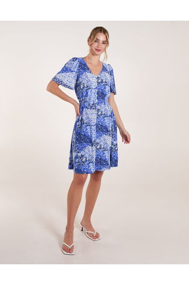 Shirred Waist Button Front Patchwork Mini Dress