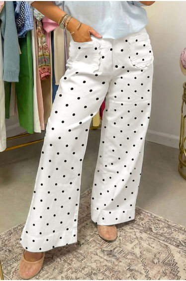 Lvness White Polka Dot Print Scalloped Patch Pocket Cotton Shift Pants product thumbnail 3