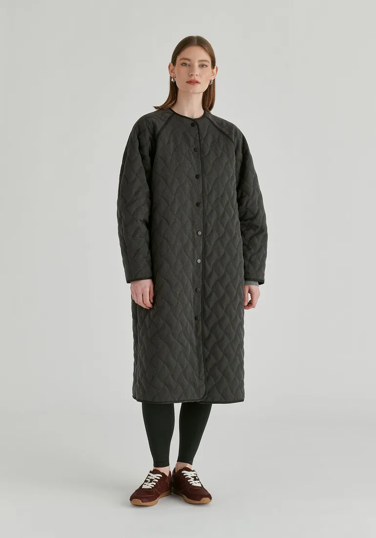 Diamond Quilted Longline Coat with Matching Removable Scarf - 1