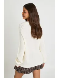 Chunky Knit Collared V Neck Jumper - cream - 2