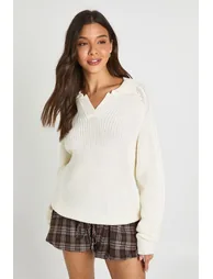 Chunky Knit Collared V Neck Jumper - cream - 1