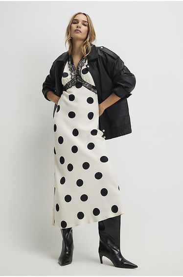White Satin Polka Dot Midi Slip Dress