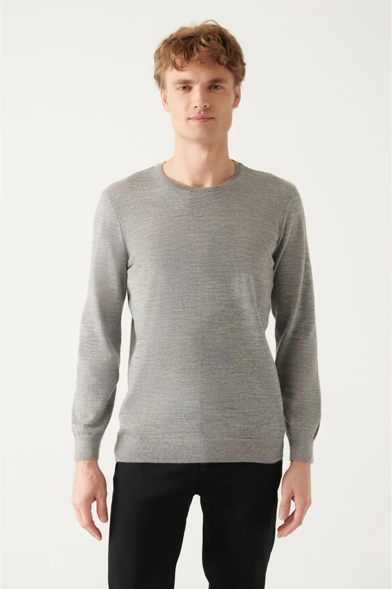 Men's Gray Crew Neck Wool Blended Standard Fit Regular Cut Knitwear Sweater - 3