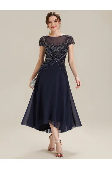 ever NUIT|See-Through Beaded Sheath Round Neck Wedding Guest Dress