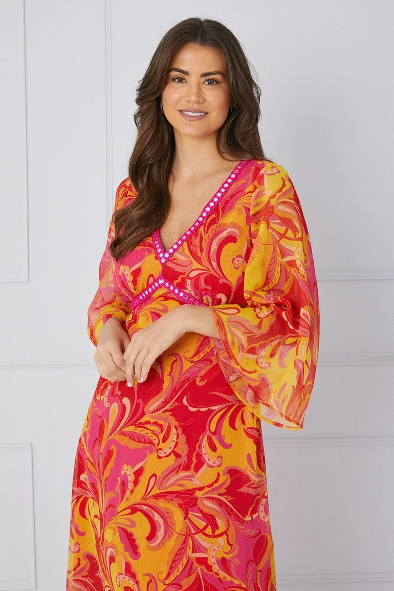 Paisley Print Trim Detail Midaxi Dress - 1