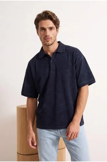 Anthracite Oversize/Wide Cut Faded Effect Polo Collar