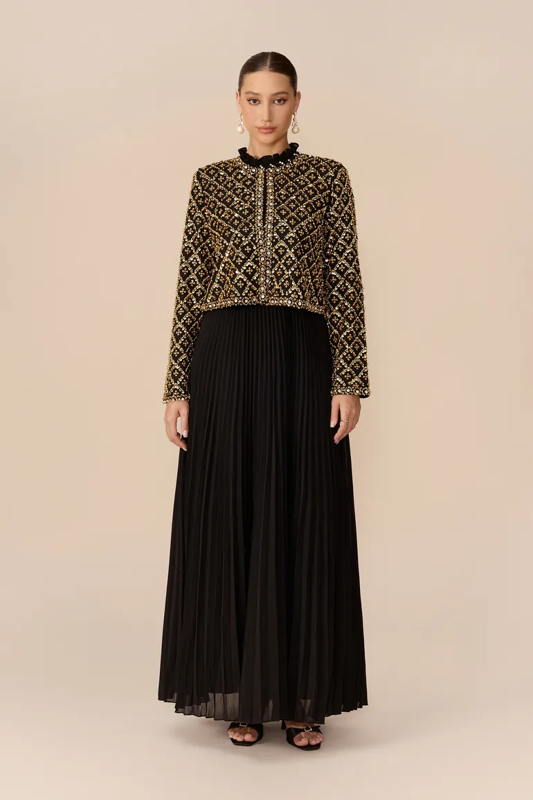 Luxury Feel Black Beaded Embellished Jacket & Pleated Dress Set