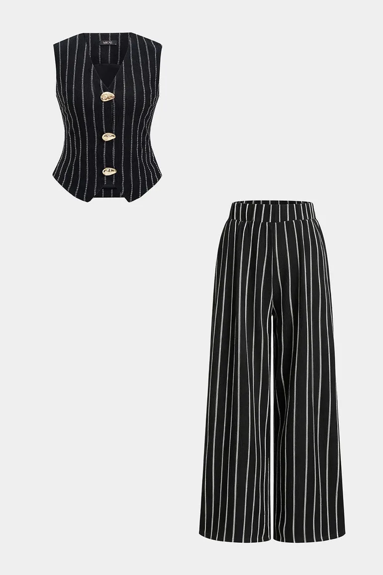 Stripes Print V-Neck Button Vest And Straight Leg Pants Set