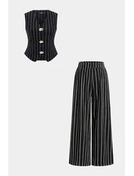 Stripes Print V-Neck Button Vest And Straight Leg Pants Set