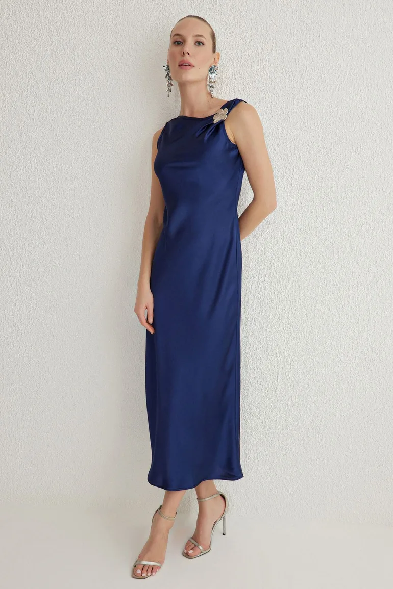 Navy Blue A-Cut Accessory Detail Satin Woven Elegant Dress