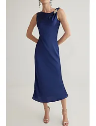 Navy Blue A-Cut Accessory Detail Satin Woven Elegant Dress - 2