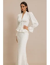 Satin Polka Dot Top & High Waist Midi Skirt Set - 2