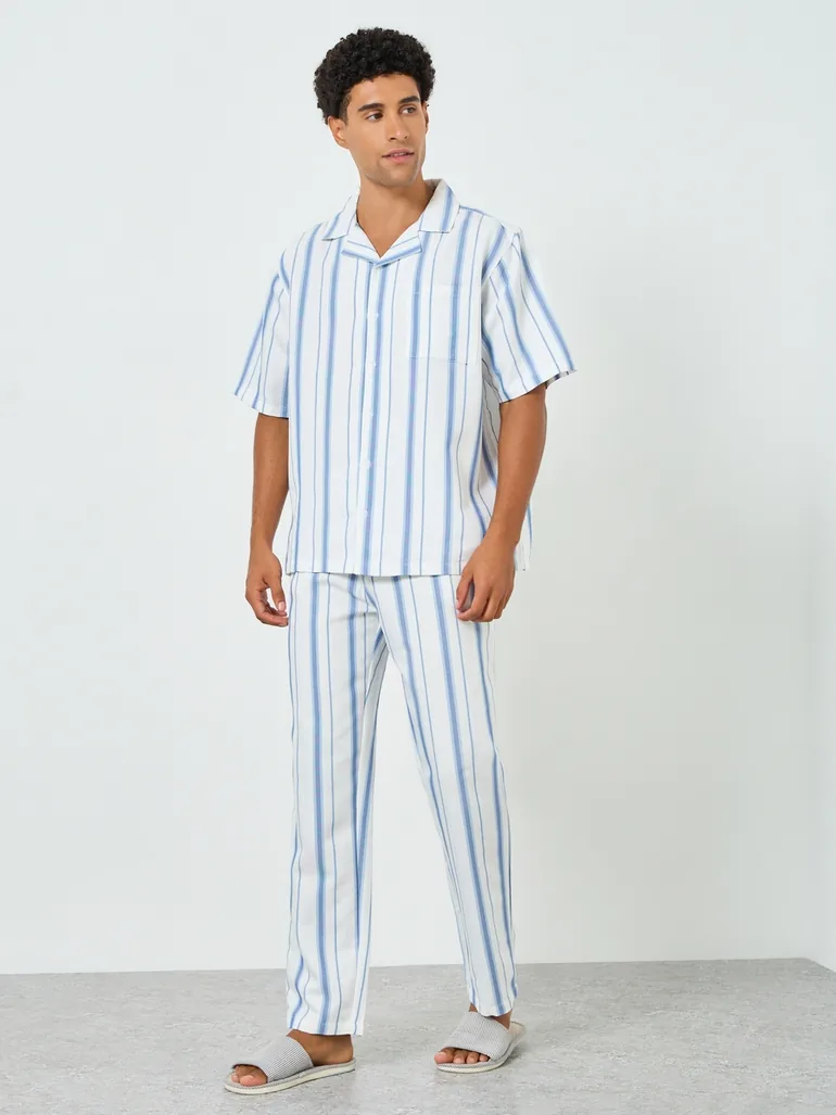 Men Striped Cotton Relaxed Shirt and Pyjama Set