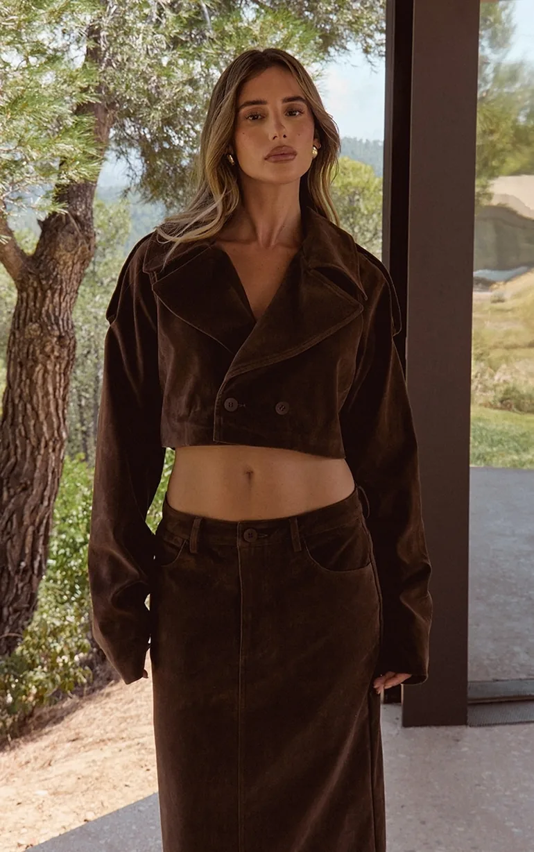 Brown Faux Suede Cropped Trench - 1
