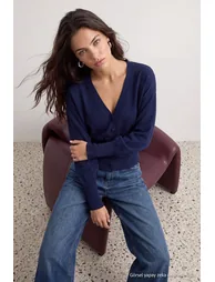 Navy Blue Premium Yarn/Special Yarn Waist-Wrapping Skirt End Knitwear Cardigan - 3