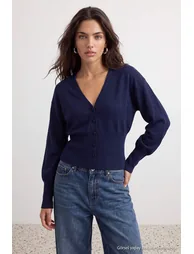Navy Blue Premium Yarn/Special Yarn Waist-Wrapping Skirt End Knitwear Cardigan