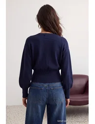 Navy Blue Premium Yarn/Special Yarn Waist-Wrapping Skirt End Knitwear Cardigan - 5