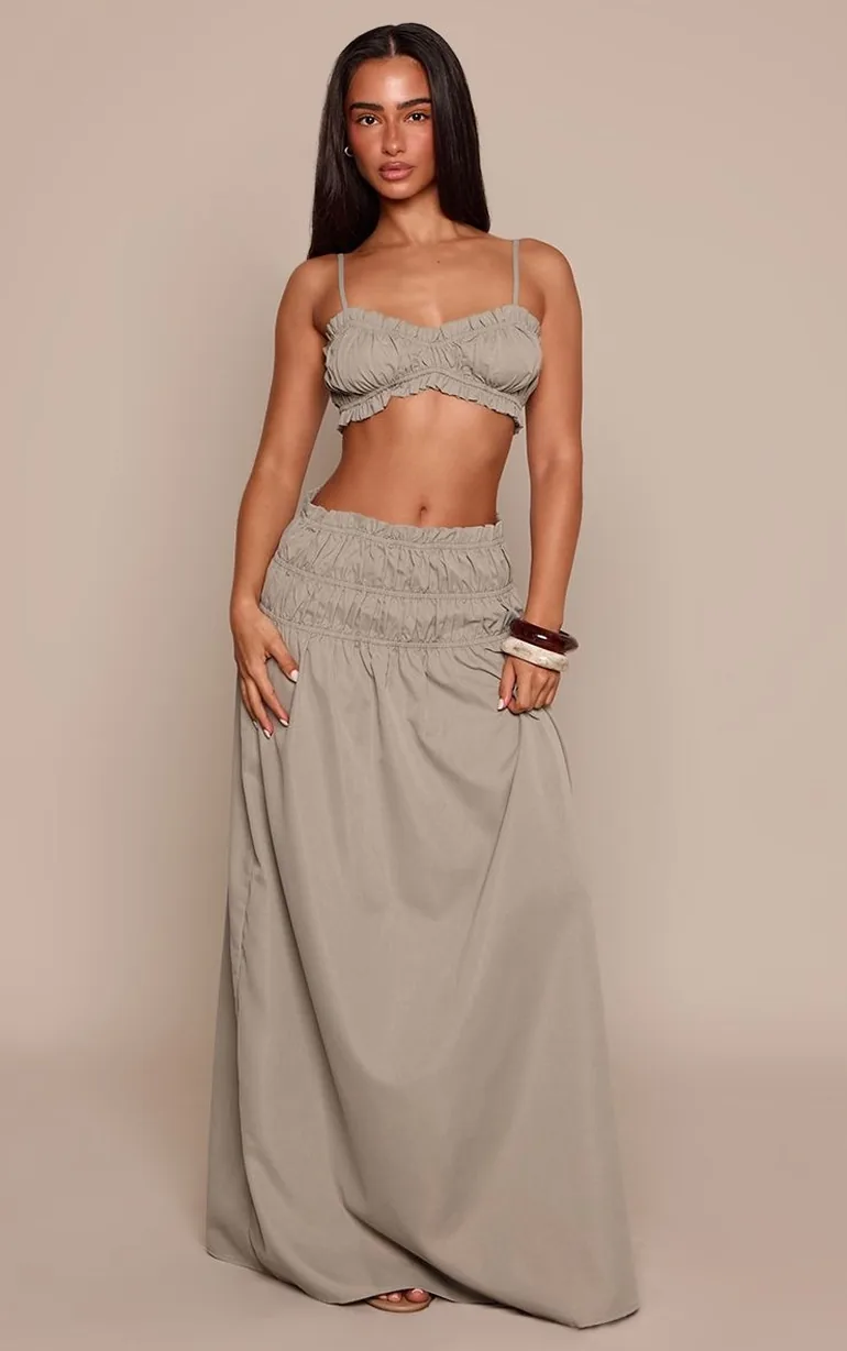 Petite Khaki Ruched Waist Frill Hem Woven Maxi Skirt - 1