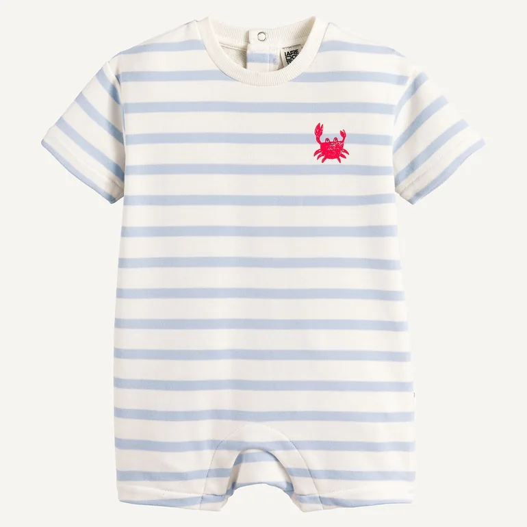 Striped Fleece Playsuit with Crab Print On Chest - 1