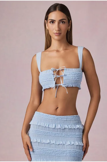 Ruffle Tie-Front Crop Top in Powder Blue
