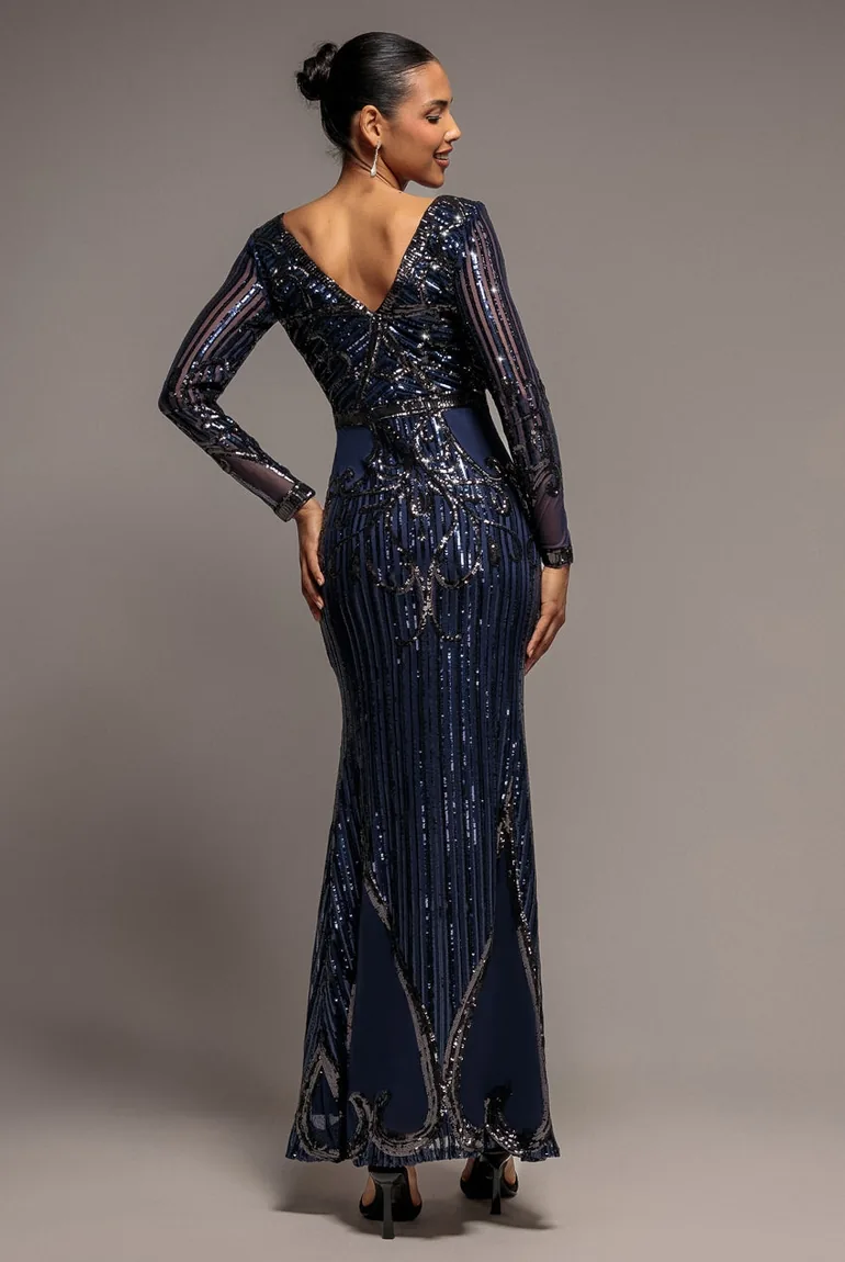 Sequin & Mesh Embroidered Maxi Dress - Navy Blue by Goddiva - 1