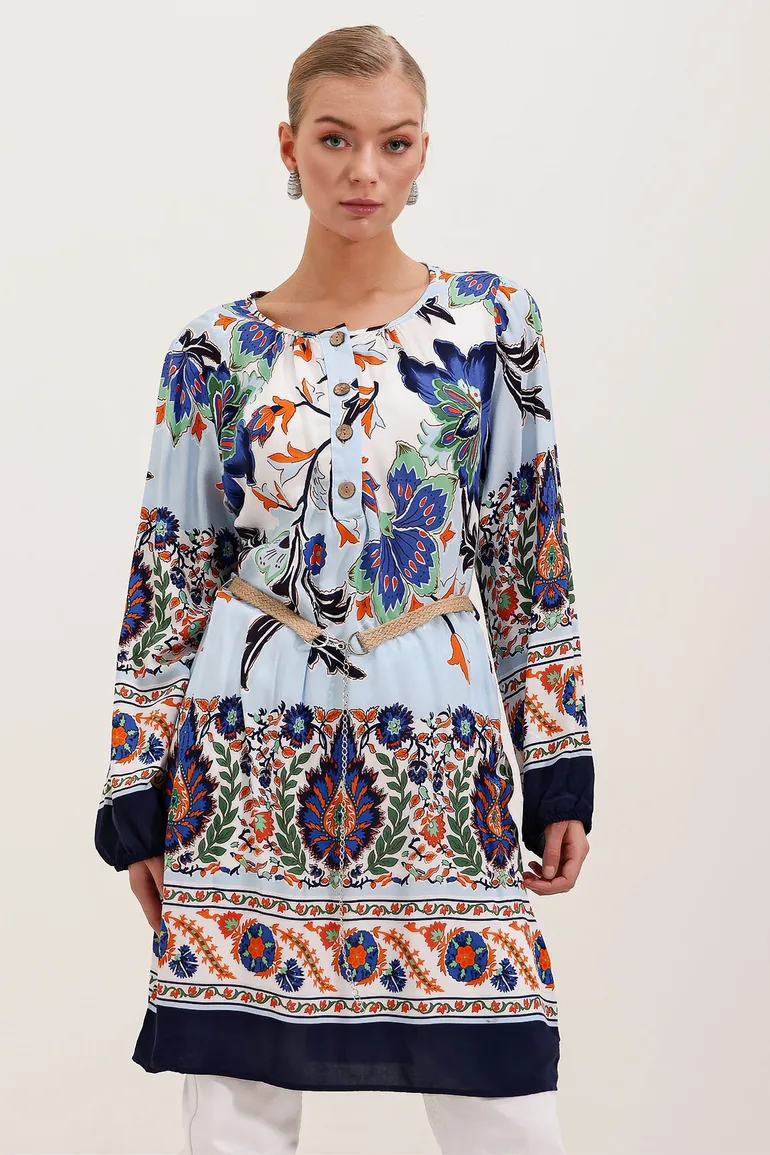 Belted Patterned - Navy Blue - 1