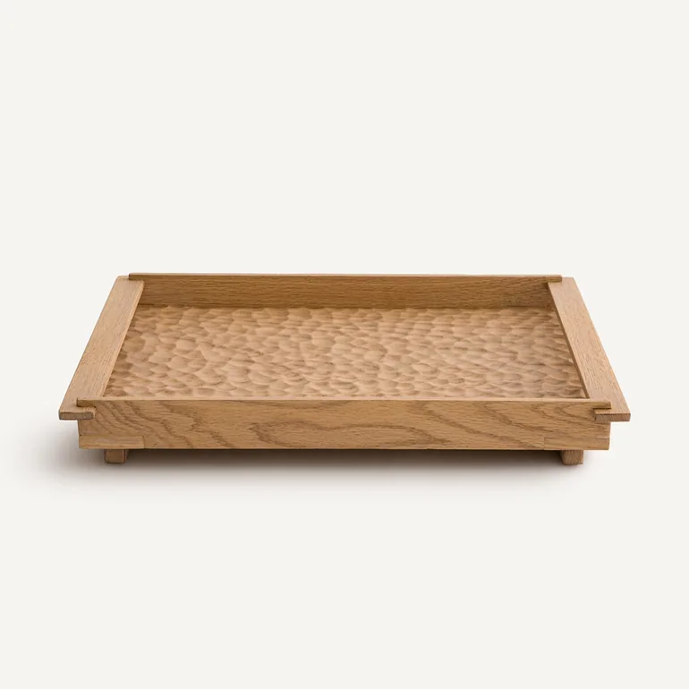 Azael Rectangular Tray in Chiselled Solid Oak, Depth 37cm - 2