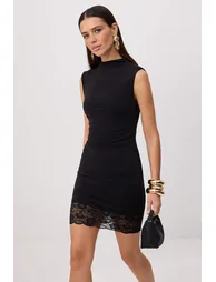 Black Lace Detailed Lined Dress - 1