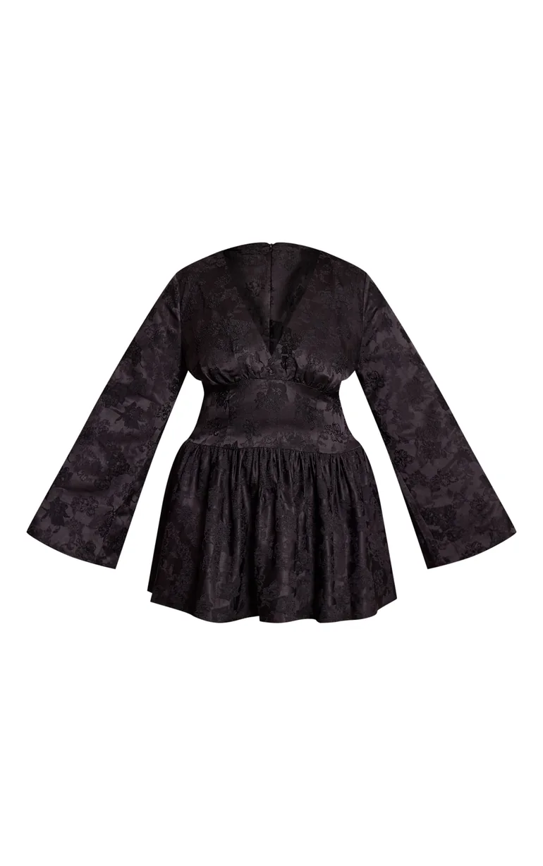 Plus Black Floral Jacquard Flute Sleeve Mini Dress - 4