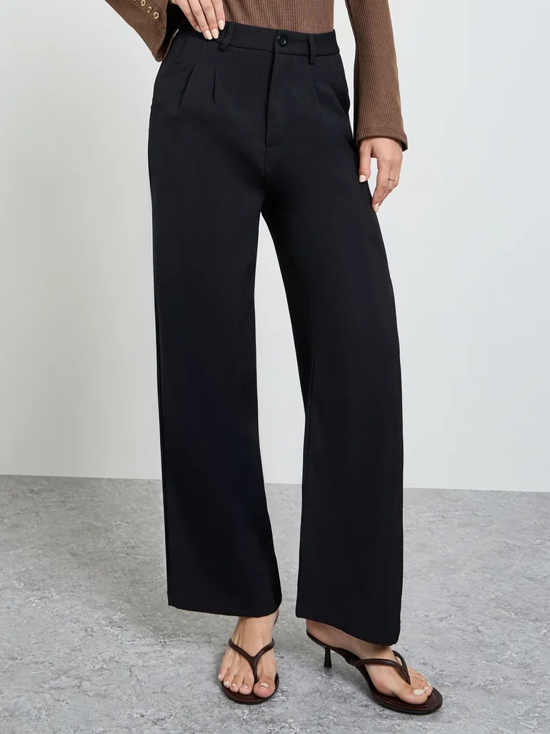 Black Solid Pleated Details Wide Leg Trousers - 1