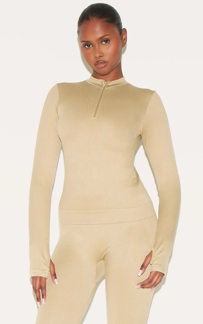 Olive Seamless Line Detail Fitted Top - 5