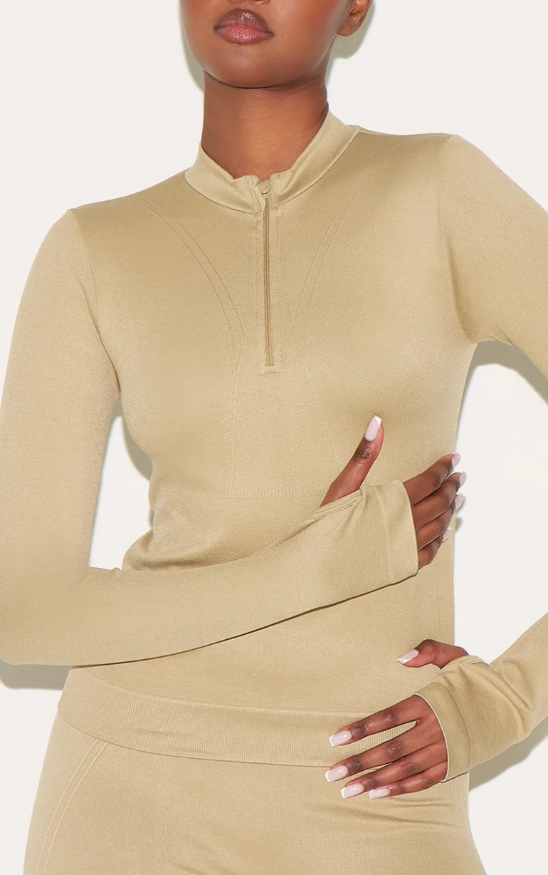 Olive Seamless Line Detail Fitted Top - 3