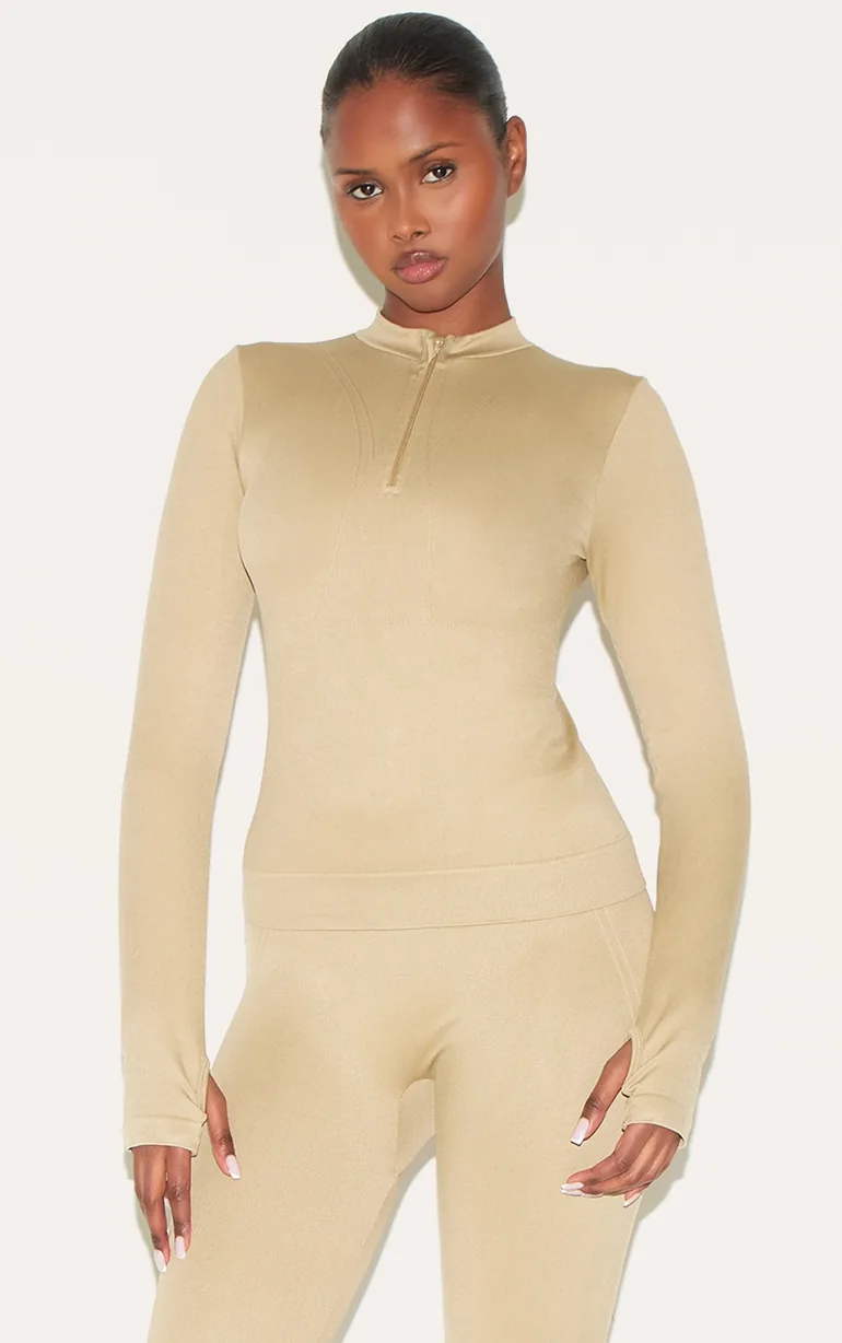 Olive Seamless Line Detail Fitted Top - 1