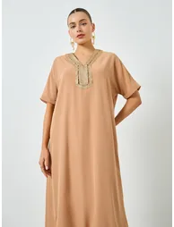 Beige Embroidered V-Neck A-Line Jalabiya - 1