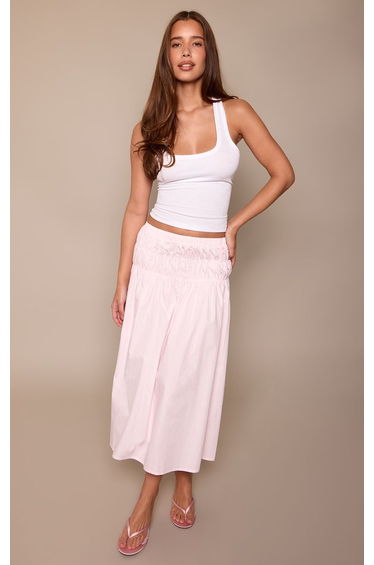 Light Pink Cotton Shirred Drop Waist Midi Skirt