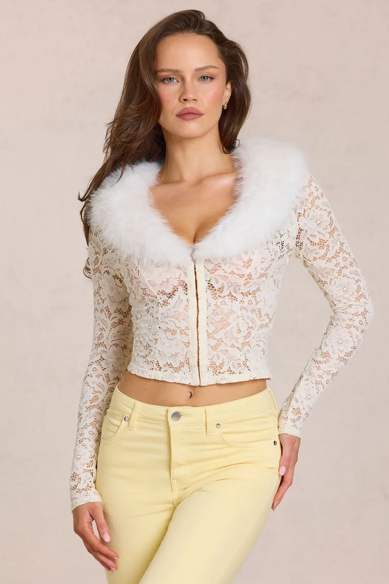 Lace Faux-Fur-Trim Cardigan in Ivory - 2
