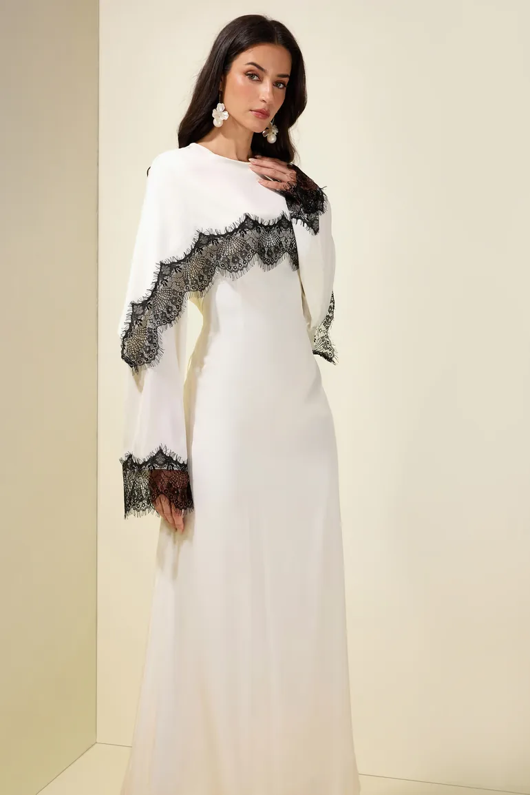 Lace Satin Cape Maxi Dress - 3