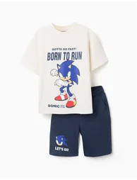 Cotton T-Shirt And Shorts Set With Sonic Print For Boys, White/Blue