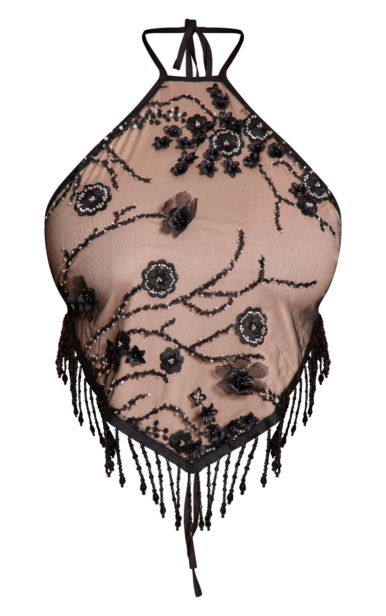 Shape Black Lace Sequin Halter Neck Top - 4
