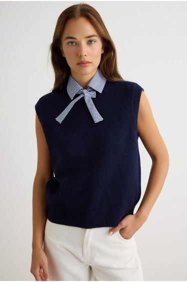 Navy Blue Shirt Collar Detailed Soft Textured Knit Sweater product thumbnail 2