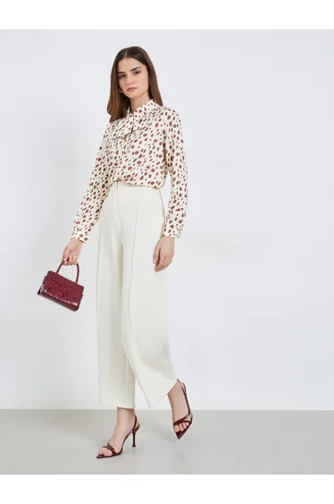Women Beige Animal Print Tie-Neck Shirt