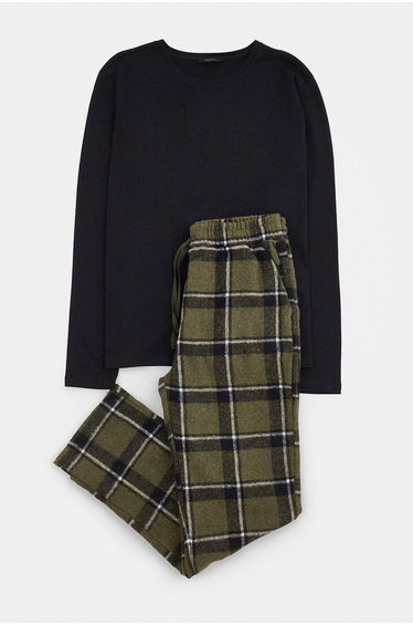 Black-Khaki Regular Plaid Top Knitted Bottom Woven Homewear Pajama Set product thumbnail 4