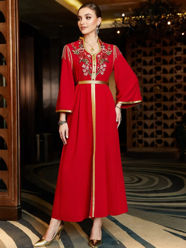 Women Red Embroidered Rhinestone Embellished Jalabiya - 4