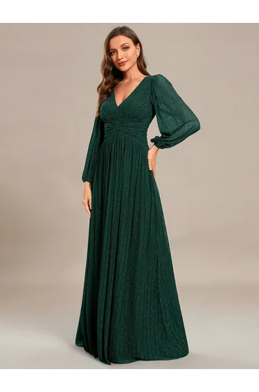 ever BRYM|Glittery Empire Waist Long Lantern Sleeves A-Line Evening Dress